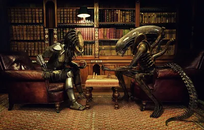 Обои шахматы, чужой, кабинет, против, партия, книжки, хищника, alien vs  predator картинки на рабочий стол, раздел фантастика - скачать картинки