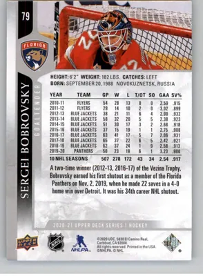 Amazon.com: 2020-21 Upper Deck Series One Hockey # 79 Сергей Бобровский Флорида Пантерз: Коллекционирование \ u0026 Fine Art картинки