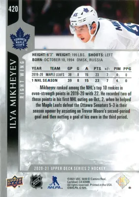 Илья Михеев 2020-21 Upper Deck Series 2 Hockey Card #420 Toronto Maple Leafs | eBay картинки