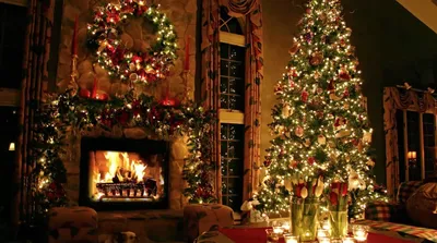 Зима - Christmas-Tree-and-Fireplace - обои живые картинки