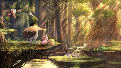 aipom bewear bulbasaur celebi decidueye forest illumise karamimame mew mothim no people oricorio покемон роулет живописный sceptile Stufful Tree Treecko venusaur volbeat вода водопад | konachan.com - Konachan.com Аниме Обои картинки