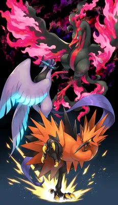 galarian zapdos, galarian moltres и galarian articuno (покемон), нарисованные kemonomichi_(blue_black) | Данбуру картинки