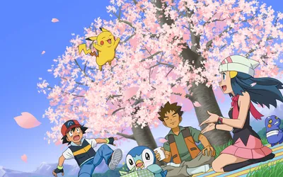 56380 Ash Ketchum, Dawn (Pokémon) 4K, Piplup (Pokémon), Ash Ketchum, Croagunk (Pokémon), Dawn (Pokémon), Pikachu, Cherry Blossom, Brock (Pokémon) - Rare Gallery HD Wallpapers картинки