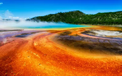 Скачать обои Grand Prismatic Spring, geyser, hot spring, hot spring, blue lake, Yellowstone, Wyoming, USA, Yellowstone National Park для монитора с разрешением 2880x1800. Высококачественные обои HD картинки картинки