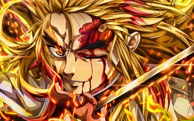 Скачать обои Kyojuro Rengoku, fire, Demon Hunter, Kimetsu no Yaiba, меч, убийцы демонов, произведение искусства, Rengoku Kyojuro, Demon Slayer, манга для монитора с разрешением 1920x1200. картинки