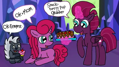 1913619 - безопасный, художник:徐詩珮, fizzlepop berrytwist, grubber, tempest shadow, oc, oc:betty pop, alicorn, my little pony: the movie, alicornified, торт, диалог, женщина, еда, магия, волшебное лесбийское отродье, мужчина, мать и дочь, рядом картинки