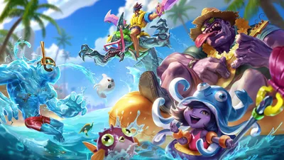 Обои 4k Pool Party Zac Lulu Dr Мундо Рек'Сай Дравен LoL Splash Art League of Legends Обои картинки