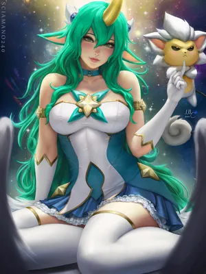 Рисунок Soraka League Of Legends Green Hair Green Eyes Stars Horns Long Hair Wavy Hair Dress Choker Обои - Разрешение:2250x3000 - ID:1292521 - wallha.com картинки