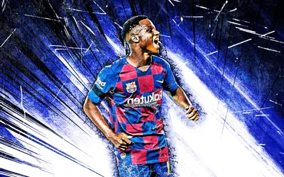 Скачать обои 4K, Ansu Fati, grunge art, Barcelona FC, Bissau-Guinean footballers, LaLiga, Barca, Anssumane Fati, football, FCB, blue abstractrays, soccer, La Liga, Spain, Ansu Fati 4K для монитора с разрешением 3840x2400. картинки