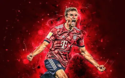 Скачать обои Thomas Muller, 4k, вид сзади, Bayern Munich FC, german footballers, Bundesliga, red neon lights, soccer, Germany, Thomas Muller Bayern Munich, Thomas Muller 4K для монитора с разрешением 3840x2400. Высокого качества картинки