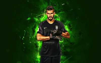 Скачать обои Alisson Becker, green background, Brazil National Team, голкипер, Alisson Ramses Becker, футбол, футболисты, неоновые огни, Алиссон, бразильская футбольная команда для монитора с разрешением 2880x1800. Высококачественные обои HD картинки картинки