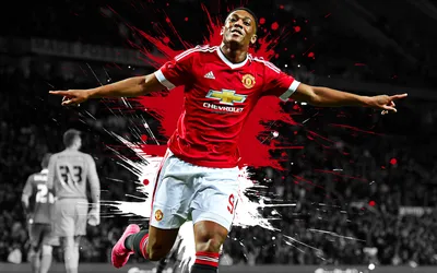 Скачать обои Anthony Martial, 4k, art, Manchester United FC, french football player, нападающий, красные брызги краски, grunge art, Premier League, England, football для монитора с разрешением 3840x2400. Высококачественные HD-изображения картинки