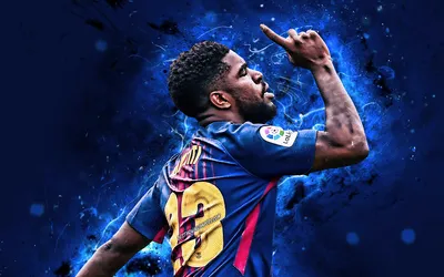 Скачать обои 4k, Samuel Umtiti, гол, французские футболисты, Barcelona FC, Spain, FCB, La Liga, Umtiti, Barca, neon lights, soccer, Umtiti 4k, LaLiga для монитора с разрешением 3840x2400. Высококачественные обои HD картинки картинки