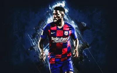 Скачать обои Samuel Umtiti, FC Barcelona, ​​French football player, портрет, La Liga, blue stone background, football для монитора с разрешением 2880x1800. Высококачественные обои HD картинки картинки