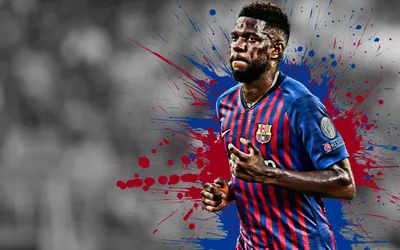 Скачать обои Samuel Umtiti, 4k, french football player, FC Barcelona, ​​Defender, blue maroon paint splashes, creative art, La Liga, Spain, football, grunge, Barcelona, ​​Umtiti для монитора с разрешением 3840x2400. Высокое качество HD картинки