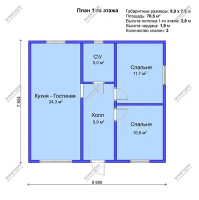 Проект дома из СИП на 70,5 м2, размером 8,9 x 7,9 м, одноэтажный, тамбур,  цена от ЭкоЕвроДом картинки