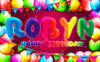 Скачать обои Happy Birthday Robyn, 4k, Colorful ball frame, Robyn name, Purple background, Robyn Happy Birthday, Robyn Birthday, Popular german Female Names, Birthday concept, Robyn для монитора с разрешением 3840x2400. Высокое качество картинки