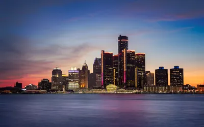 Скачать обои Detroit, 4k, skyline, sunset, Michigan, USA, american citys, America, Detroit at night, City of Detroit, Cities of Michigan для монитора с разрешением 3840x2400. Высококачественные обои HD картинки картинки