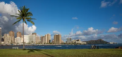 Картинки Гавайи США Waikiki Honolulu Пальмы Небо 5760x2710 картинки