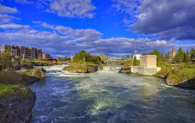 Картинки штаты Spokane River Мосты Река Небо Облака Города 3400x2140 картинки