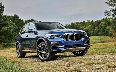 Синий автомобиль BMW X5 2018 на фоне леса Обои для рабочего стола 1024x1024 картинки