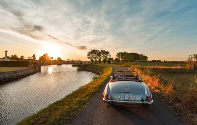 Обои пейзаж, река, рассвет, кросс, деревня, mercedes, кабриолет, mercedes-benz, 190 SL картинки на рабочий стол, раздел mercedes - скачать картинки