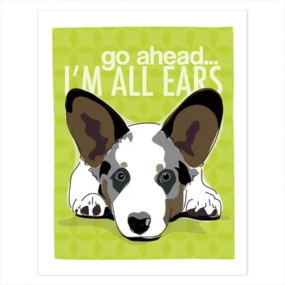 Pop Doggie Blue Merle Cardigan Welsh Corgi Art - Go Ahead All Ears Dog Art Печать плакатов с забавными высказываниями - 11 на 14 дюймов картинки