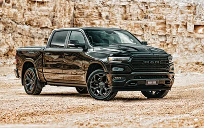 Скачать обои Dodge RAM 1500, Limited 4x4 Crew Cab, 2021, Front View, Exterior, Black SUV, New Black RAM 1500, Black Pickup Truck, American Cars, Dodge для монитора с разрешением 3840x2400. Высокого качества картинки