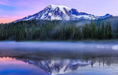 Обои лес, рай, озеро, отражение, гора, утро, Вашингтон, Washington, Mount Rainier National Park, Национальный парк Маунт-Рейнир, Mount Rainier, стратовулкан, Reflection Lake, Маунт-Рейнир картинки на рабочий стол, раздел пейзажи - скачать картинки