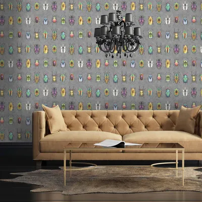 Многоцветные обои Beetle Jewels Grey Разноцветные темные животные, птицы \u0026 Floral Chinoiserie Bold Modern Wallpaper by Woodchip \u0026 Magnolia картинки