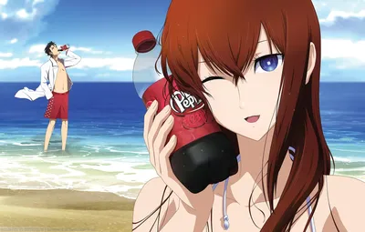 Обои Море, Пляж, Девушка, Взгляд, Напиток, Мужчина, Makise Kurisu, Steins;Gate, Gates Stein, Dr. Pepper, Okabe Rintarou картинки на рабочий стол, раздел прочее - скачать картинки