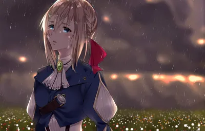 Обои небо, девушка, цветы, дождь, грустная, Violet Evergarden картинки на рабочий стол, раздел арт - скачать картинки