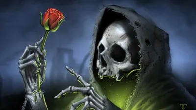 Картинка flowers, рваной одежде, grim reapers, розы, светящиеся, torn  clothing, skulls, мрачные Жнецы, roses, death, цветы, черепа, artwork,  hooded, смерть, произведения искусства, с капюшоном, glowing 1600x900  скачать обои на рабочий стол бесплатно, картинки