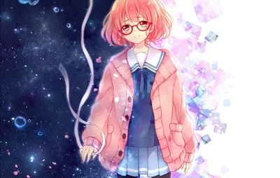 Обои девушка, аниме, лепестки, слезы, арт, магнитофон, kyoukai no kanata, mirai kuriyama, yamada konayuki картинки на рабочий стол, раздел сёдзё - скачать картинки