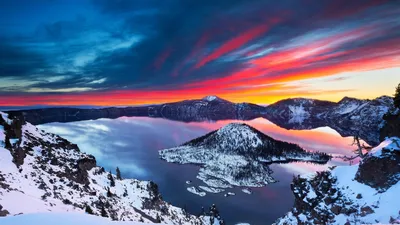 Обои Crater Lake, красивые зима, снег, восход, горы, облака 1920x1080 Full  HD 2K Изображение картинки