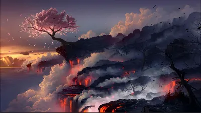 Живые обои Sakura on the volcano - Wallpaper Engine картинки