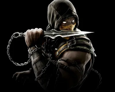 Картинка game, mortal kombat, mortal kombat x, scorpion, игра, капюшон,  кунай, ниндзя, скорпион, смертельная битва, тёмный фон, цепь 1280x1024  скачать обои на рабочий стол бесплатно, фото 156641 картинки