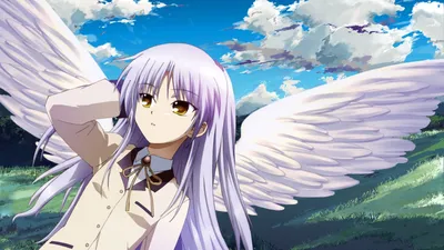 Скачать обои 1920x1080 angel beats, tachibana kanade, девушка, школьная форма, крылья, небо, облака, трава, ангел Full HD 1080p HD Background картинки