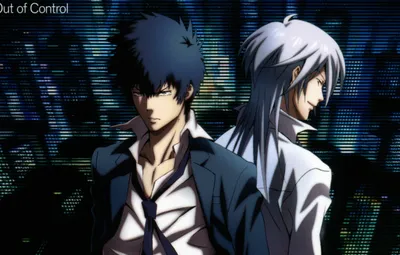 Wallpaper tie, two guys, back to back, white shirt, suit black,  Psycho-pass, Shinya Kougami, Shougo Makishima images for desktop, section  сёнэн - download картинки