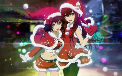 Обои снег, Рождество, Steinsgate, Shiina, Mayuri, Makise, Kurisu, Anime, Girls, Santa, Outfit Обои на рабочий стол и мобильный телефон картинки