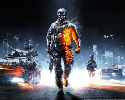 Обои на рабочий стол Солдат из игры Battlefield 3 с автоматом на фоне  танков, самолетов и вертолетов отдаляется от города идя по дороге, обои для  рабочего стола, скачать обои, обои бесплатно картинки