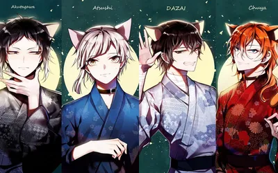 Скачать обои Bungou Stray Dogs, Atsushi Nakajima, Ryuunosuke Akutagawa, Osamu Dazai, Chuuya Nakahara, Japanese manga, anime character для монитора с разрешением 1920x1200. Высококачественные обои HD картинки картинки