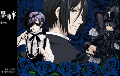 Обои демон, кнут, синие розы, повязка на глаз, Kuroshitsuji, Sebastian Michaelis, Ciel Phantomhive, темный дворецкий, дьявольский дворецкий картинки на рабочий стол, раздел сёнэн - скачать картинки