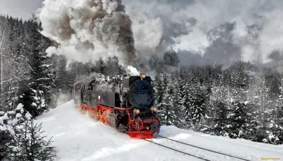 Обои Техника Паровозы, обои для рабочего стола, фотографии техника,  паровозы, паровоз, железная, дорога, поворот, лес, деревья, горы, дым,  снег, зима Обои для рабочего стола, скачать обои картинки заставки на  рабочий стол. картинки