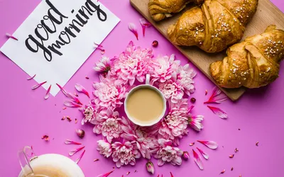 Скачать обои Good Morning, concepts, coffee, croissants, breakfast, pink  background для монитора с разрешением 2880x1800. Картинки на рабочий стол картинки