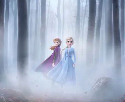 Обои на рабочий стол Elsa / Эльза и Anna / Анна стоят в тумане, из  мультфильма Frozen 2 / Холодное сердце 2, обои для рабочего стола, скачать  обои, обои бесплатно картинки