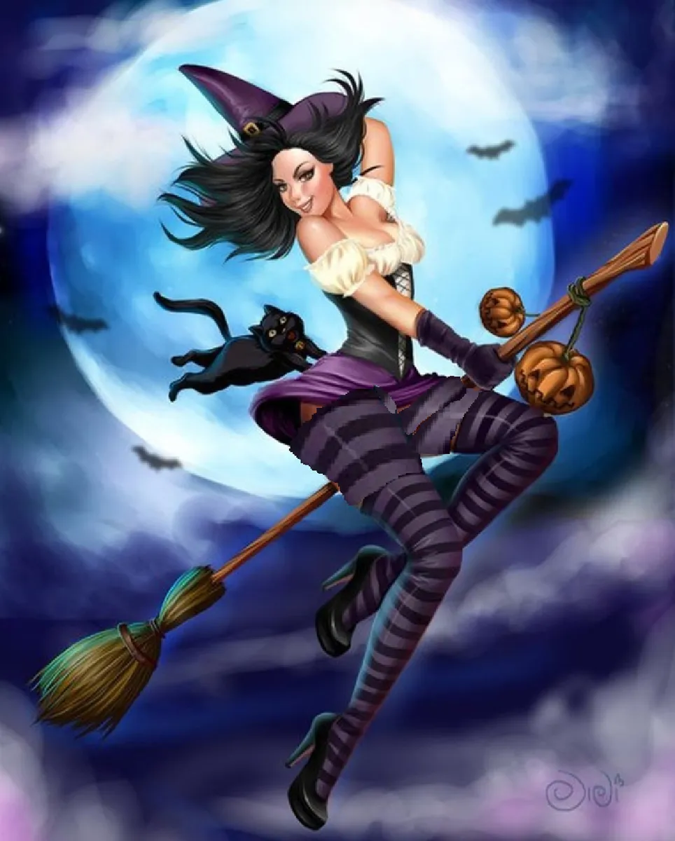 Арт Хэллоуин ведьмочка на метле