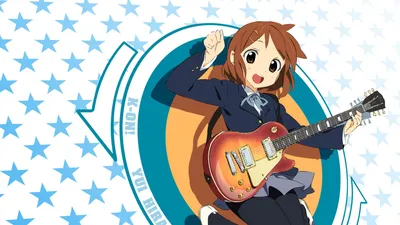 Обои miyatsuki itsuka, k-on, hirasawa yui, школьная форма, булавки, чулки, гитара картинки