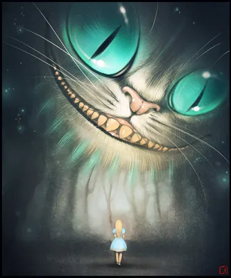 Фото Улыбающийся Cheshire Cat / Чеширский Кот из фильма Alice in Wonderland  / Алиса в стране чудес смотрит на маленькую Алису картинки