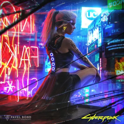 Обои на рабочий стол Девушка-Cyberpunk / Киберпанк сидит на корточках на  крыше дома в ночном городе, арт к игре Cyberpunk 2077, by PAVEL BOND, обои  для рабочего стола, скачать обои, обои бесплатно картинки